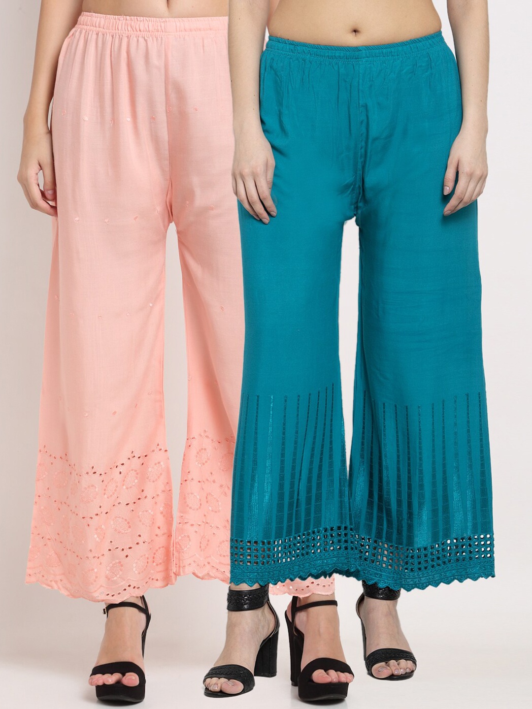 

Miaz Lifestyle Women Set Of 2 Peach-Coloured & Blue Palazzos