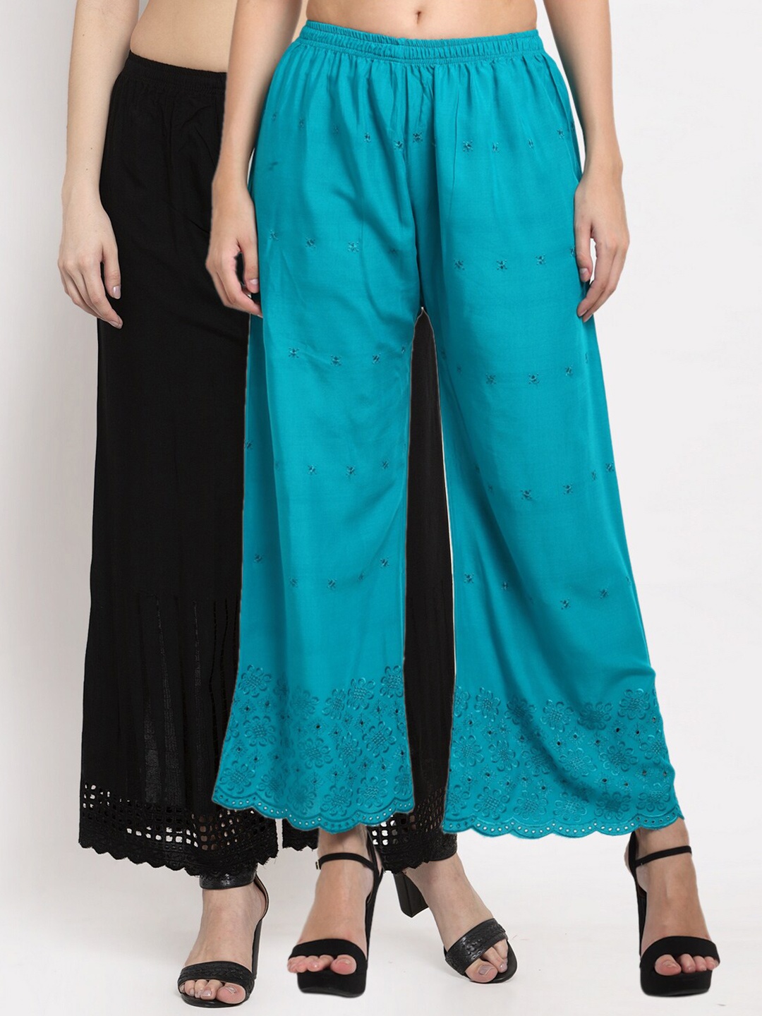 

Miaz Lifestyle Women Blue & Black Set Of 2 Embroidered Flared Knitted Palazzos