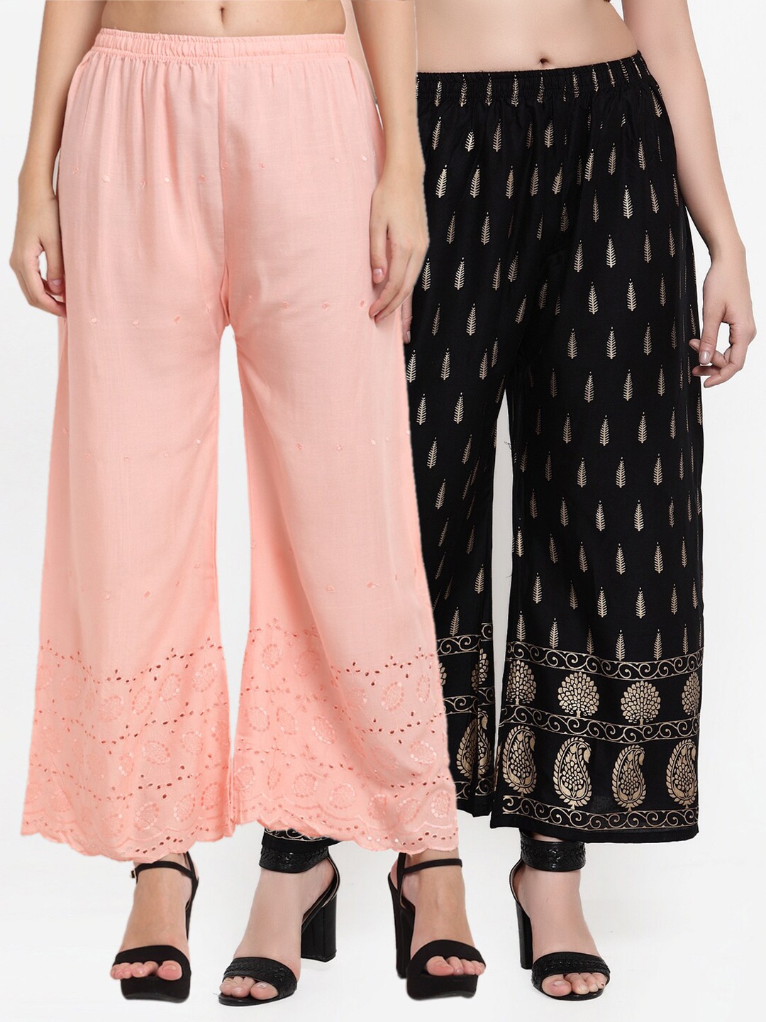 

Miaz Lifestyle Women Pack of 2 Ethnic Motifs Embroidered Flared Knitted Palazzos, Peach