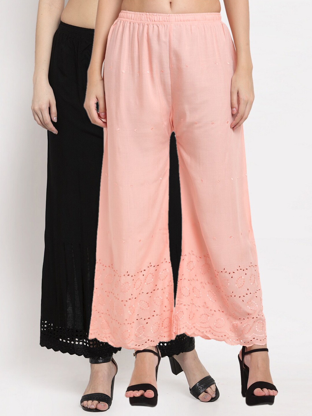 

Miaz Lifestyle Women Peach-Coloured & Black Embroidered Flared Knitted Palazzos Pack Of 2