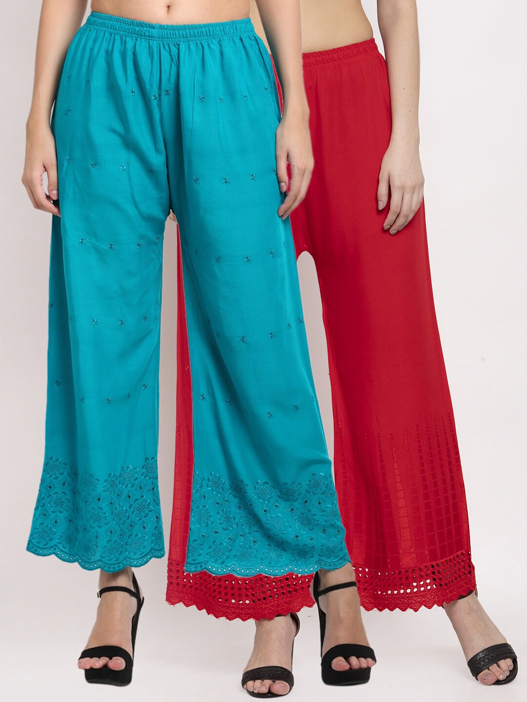

Miaz Lifestyle Women Turquoise Blue & Red Set of 2 Embroidered Flared Palazzos