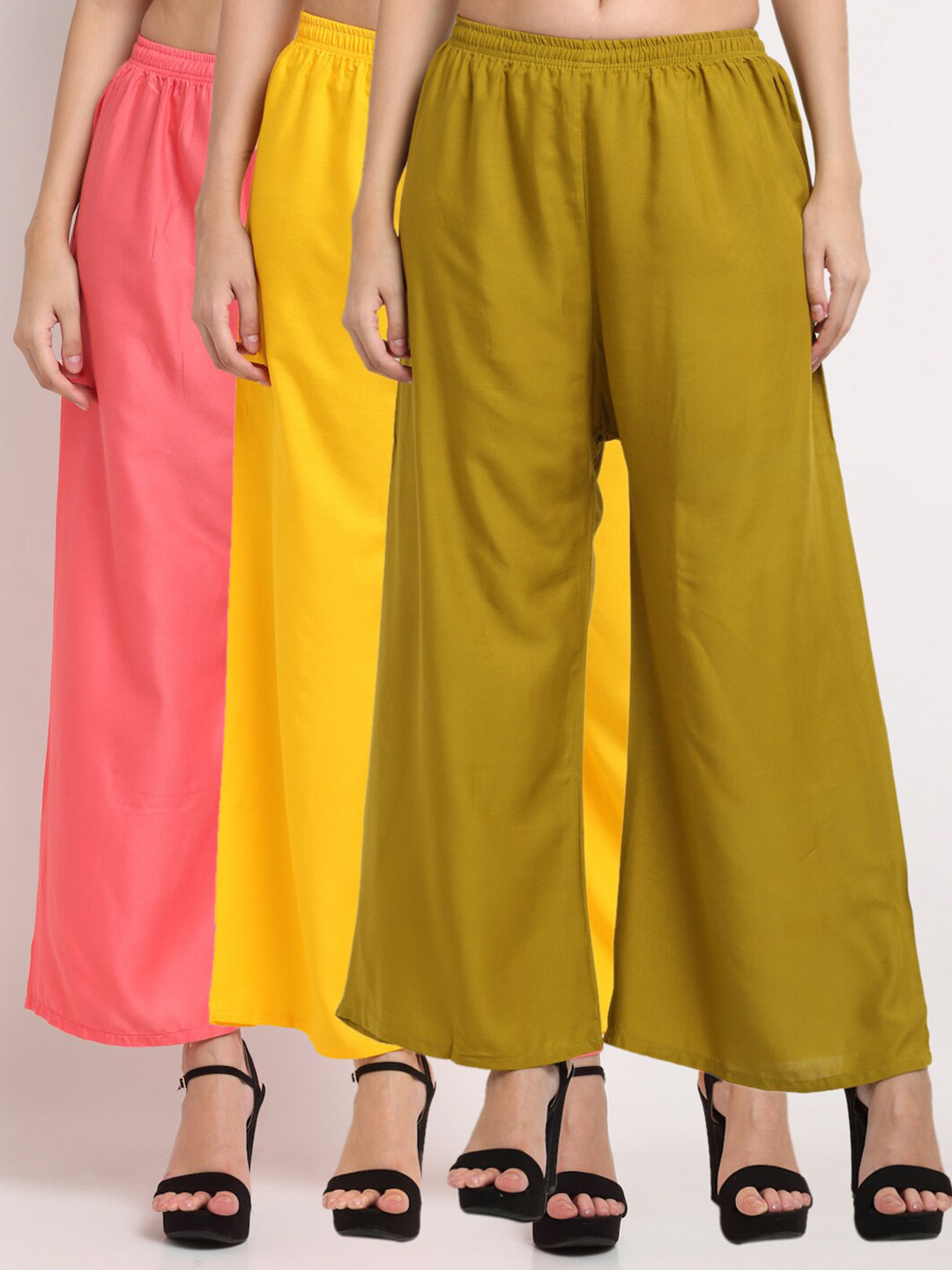 

Miaz Lifestyle Women Set Of 3 Olive Green & Yellow Flared Ethnic Palazzos