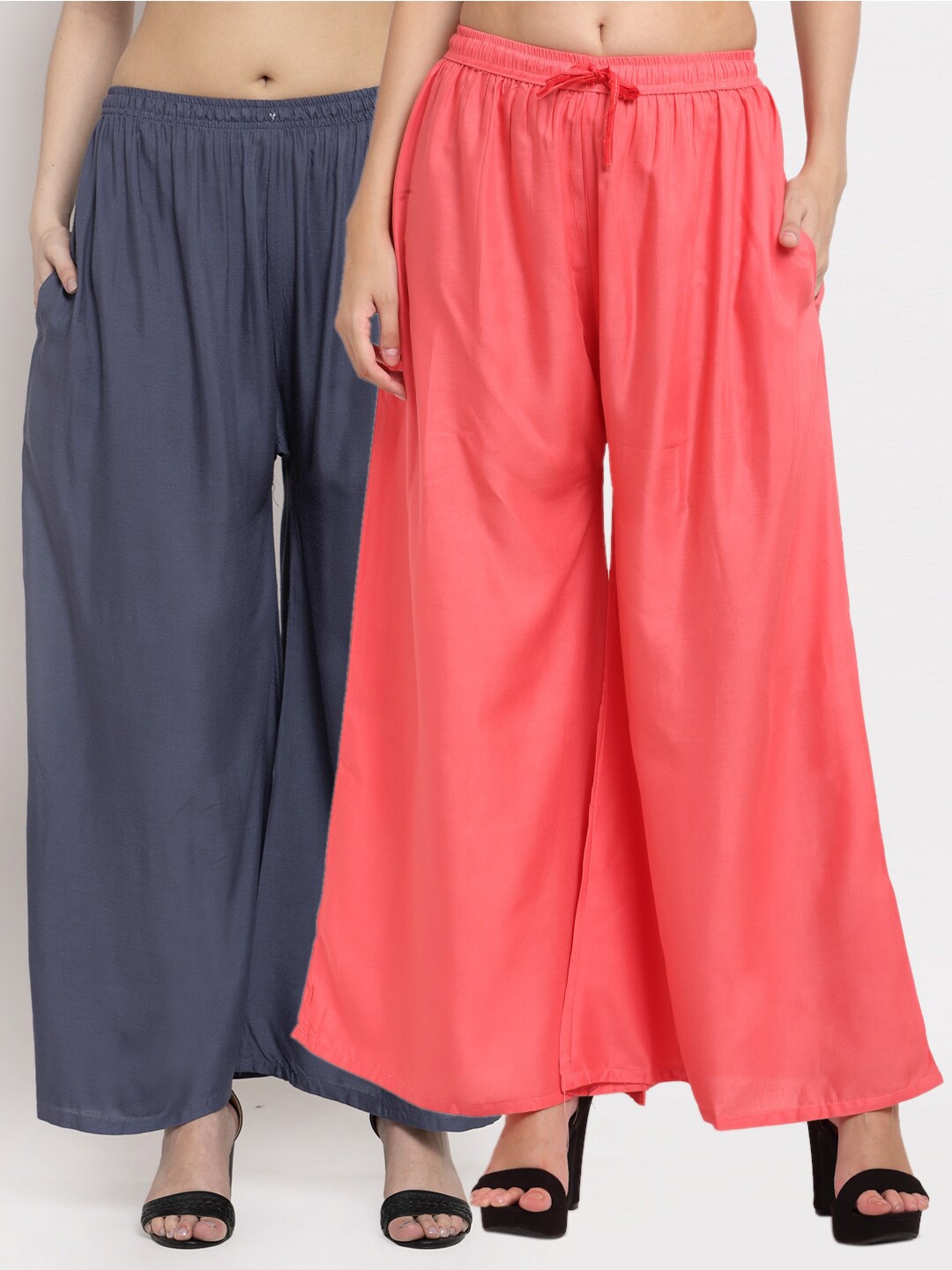 

Miaz Lifestyle Women Grey & Peach Set of 2 Solid Flared Knitted Palazzos