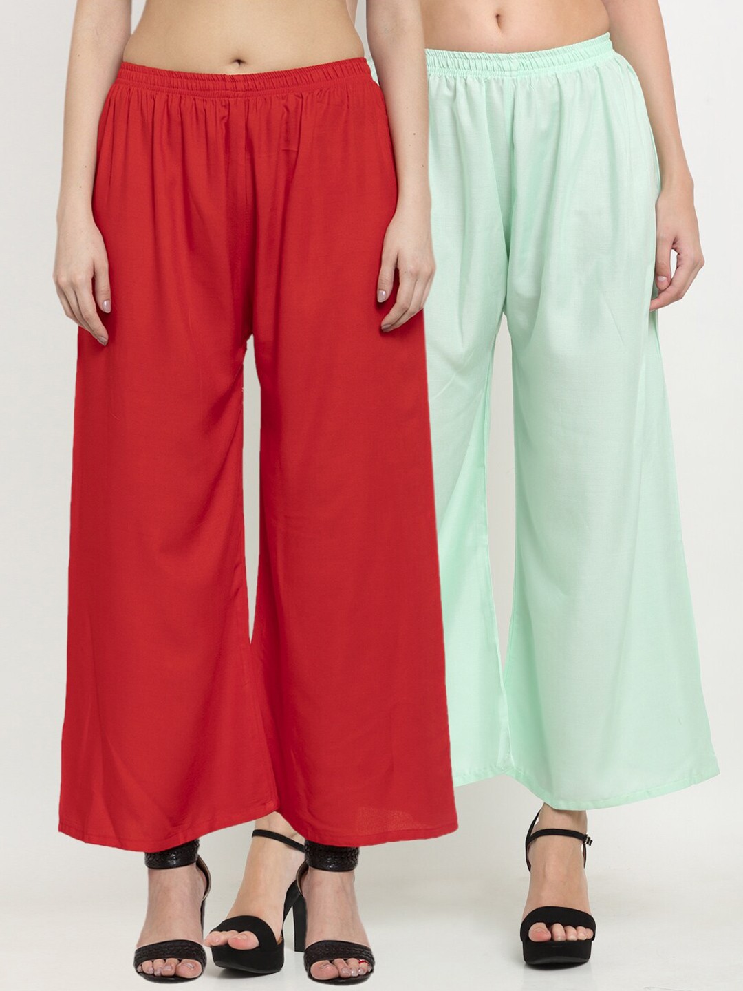 

Miaz Lifestyle Set Of 2 Women Red & Green Flared Palazzos