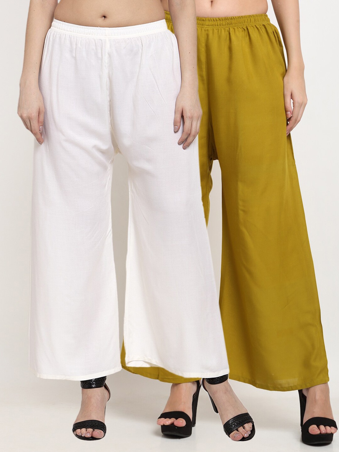 

Miaz Lifestyle Women White & Green Set of 2 Solid Flared Knitted Palazzos