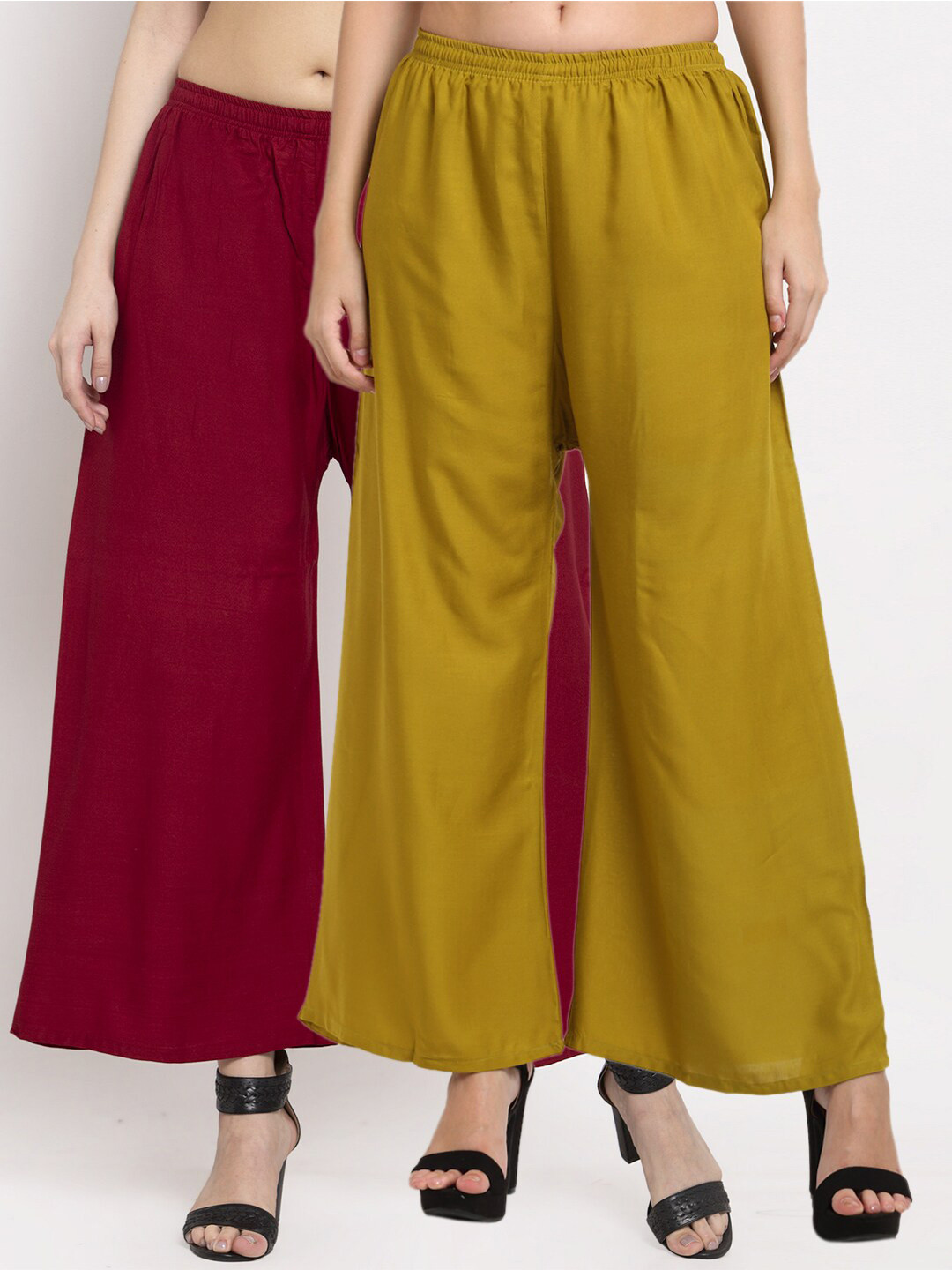 

Miaz Lifestyle Women Olive Green & Maroon Set of 2 Solid Flared Knitted Palazzos