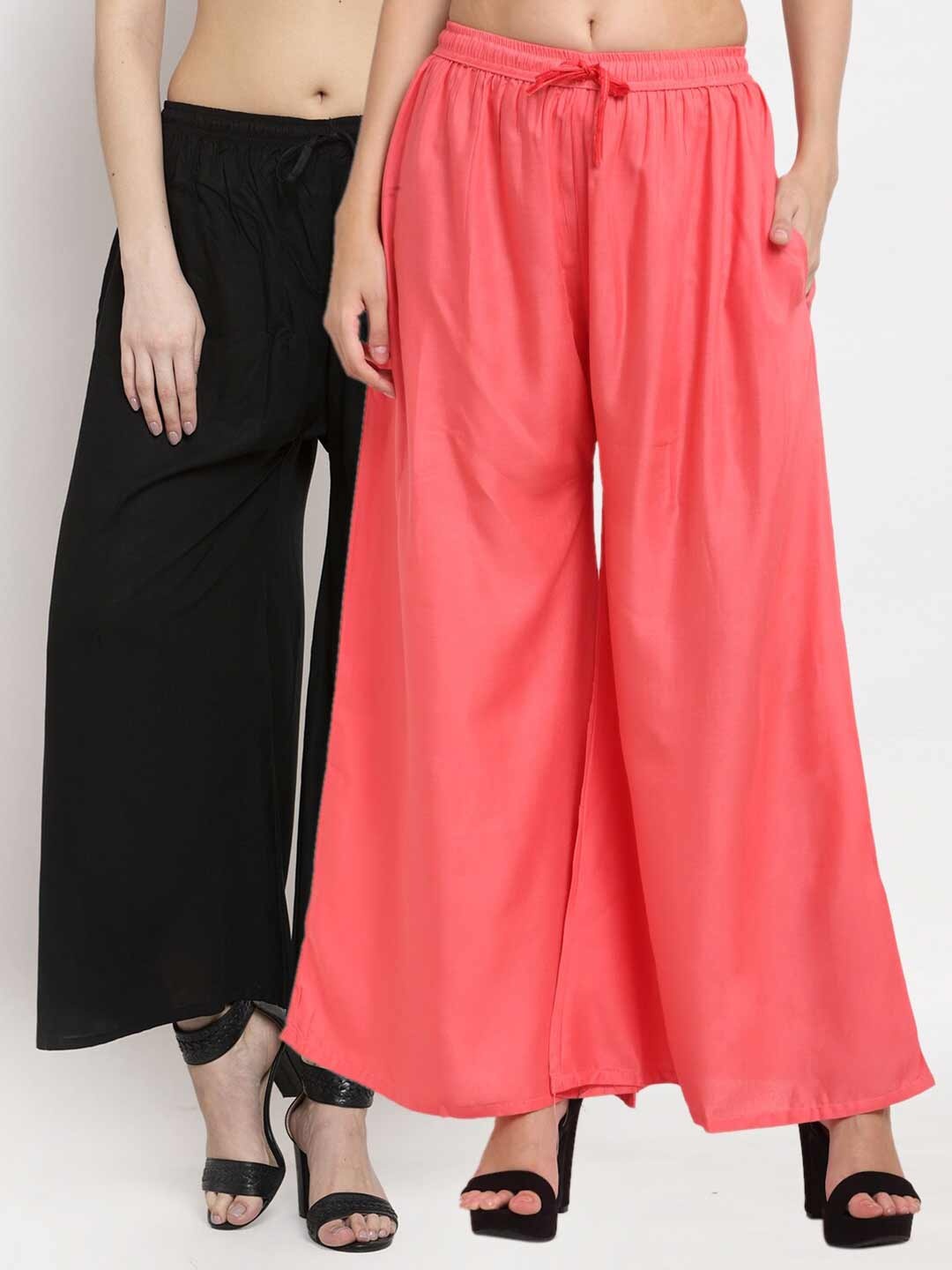 

Miaz Lifestyle Women Peach & Black Set of 2 Solid Flared Lace Ethnic Palazzos