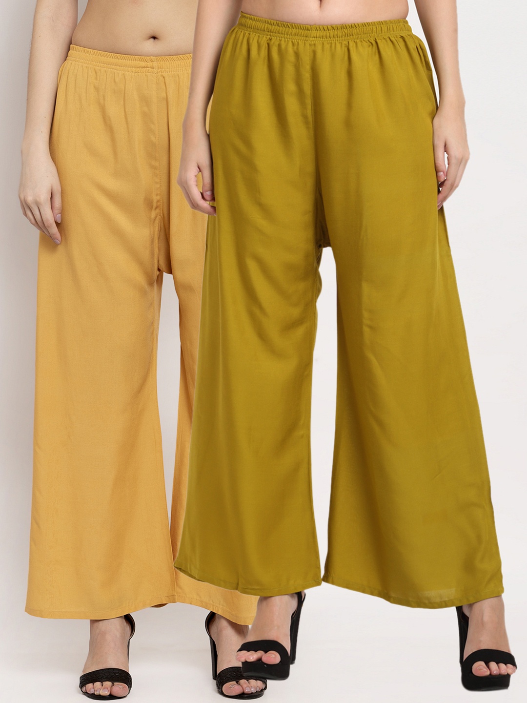 

Miaz Lifestyle Women Olive Green & Beige Set of 2 Solid Flared Knitted Palazzos