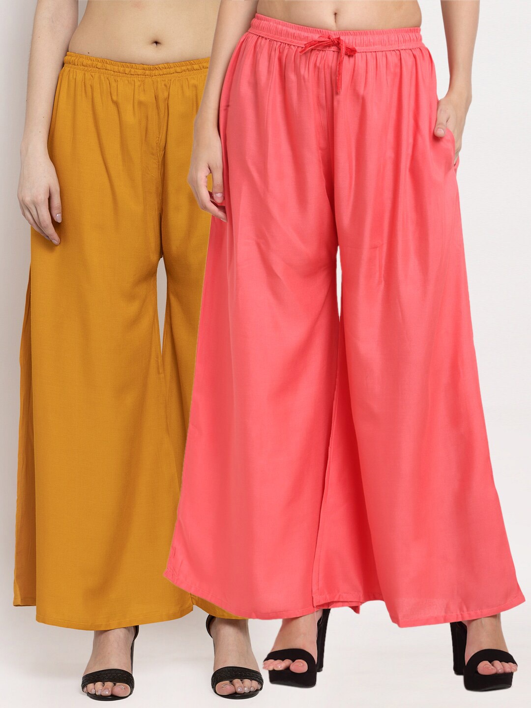 

Miaz Lifestyle Women Peach & Mustard Yellow Set of 2 Solid Flared Knitted Palazzos