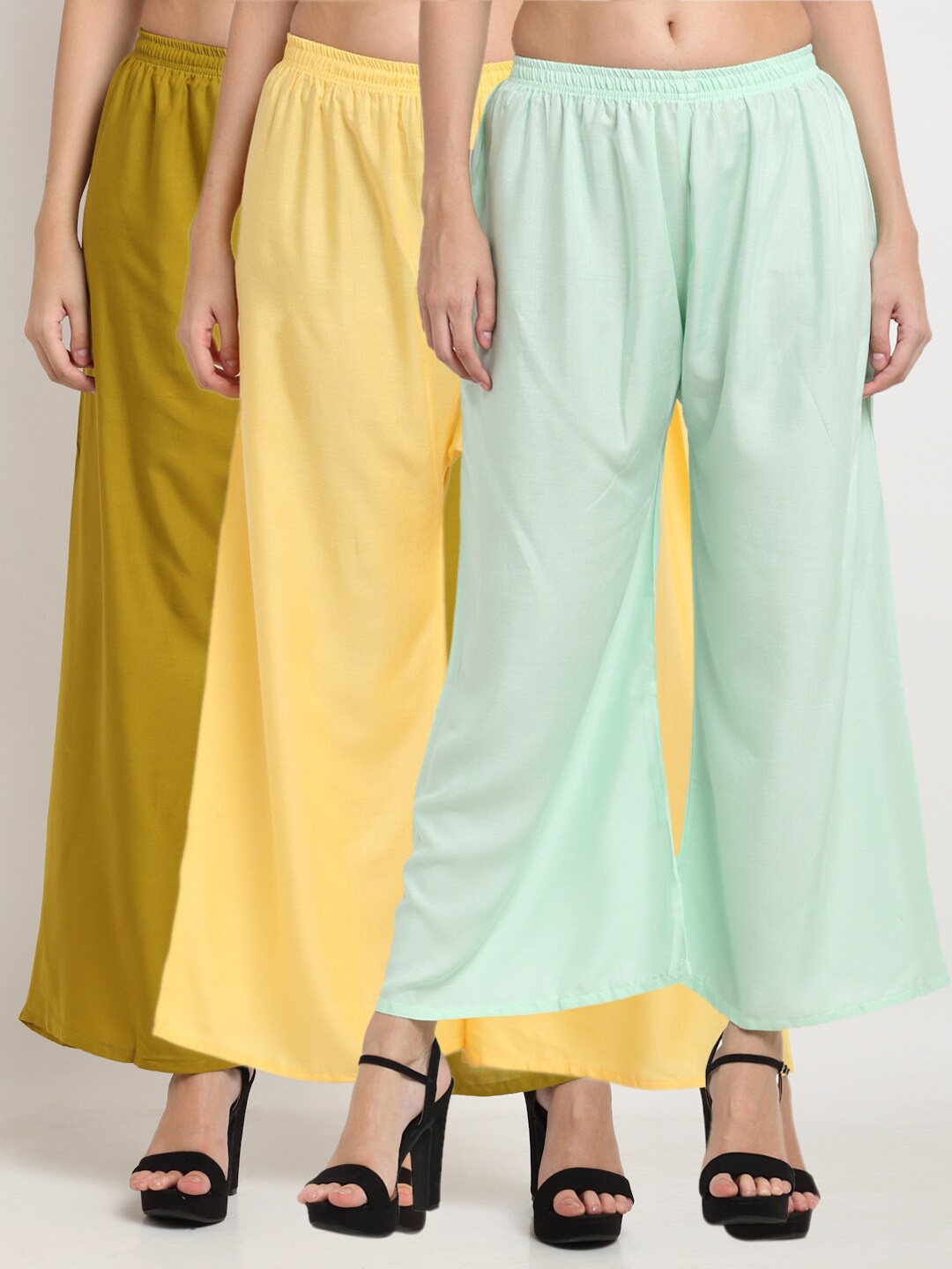 

Miaz Lifestyle Women Green & Yellow Flared Knitted Palazzos Pack Of 3