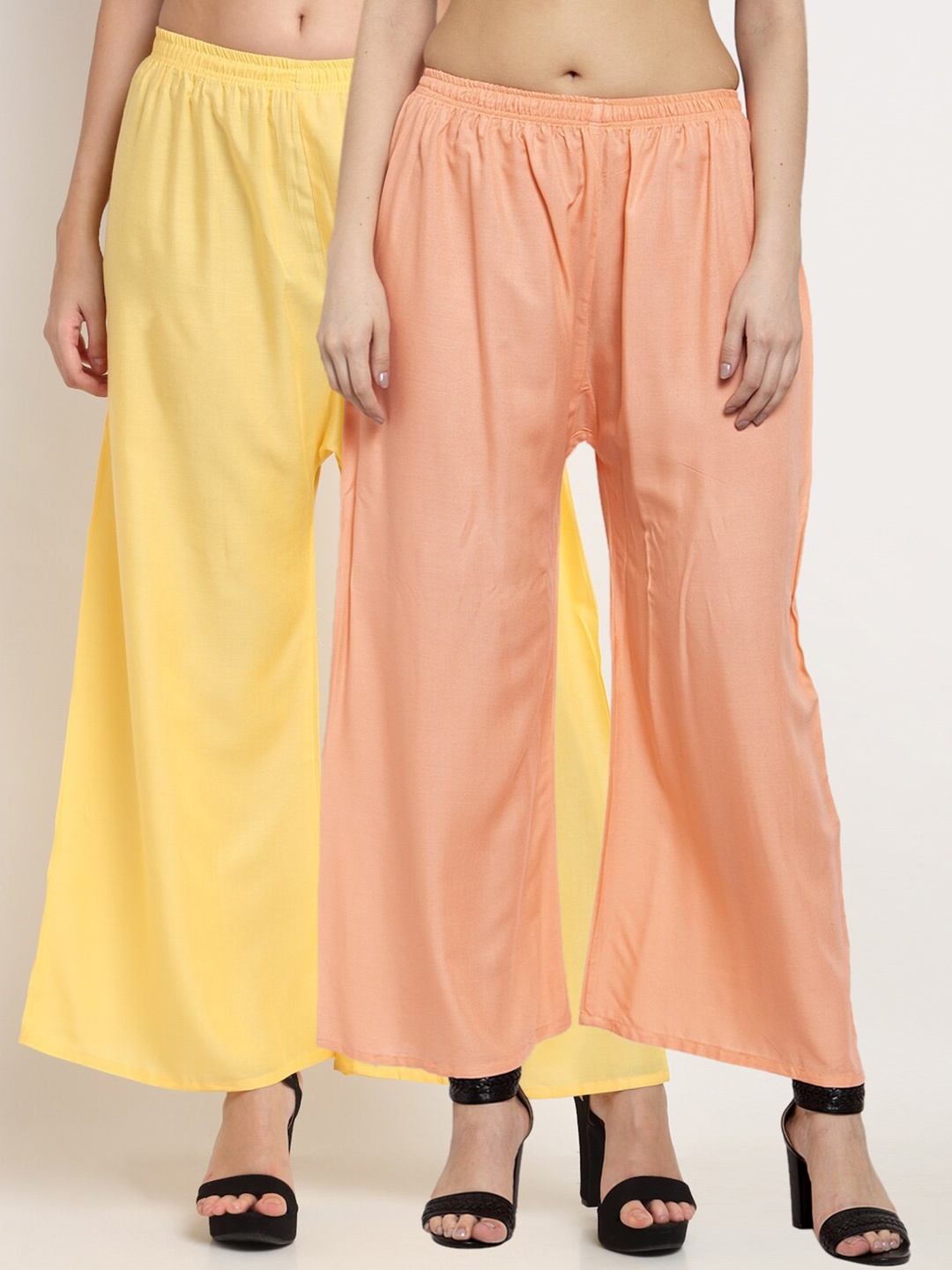 

Miaz Lifestyle Women Yellow & Peach Set Of 2 Flared Knitted Palazzos