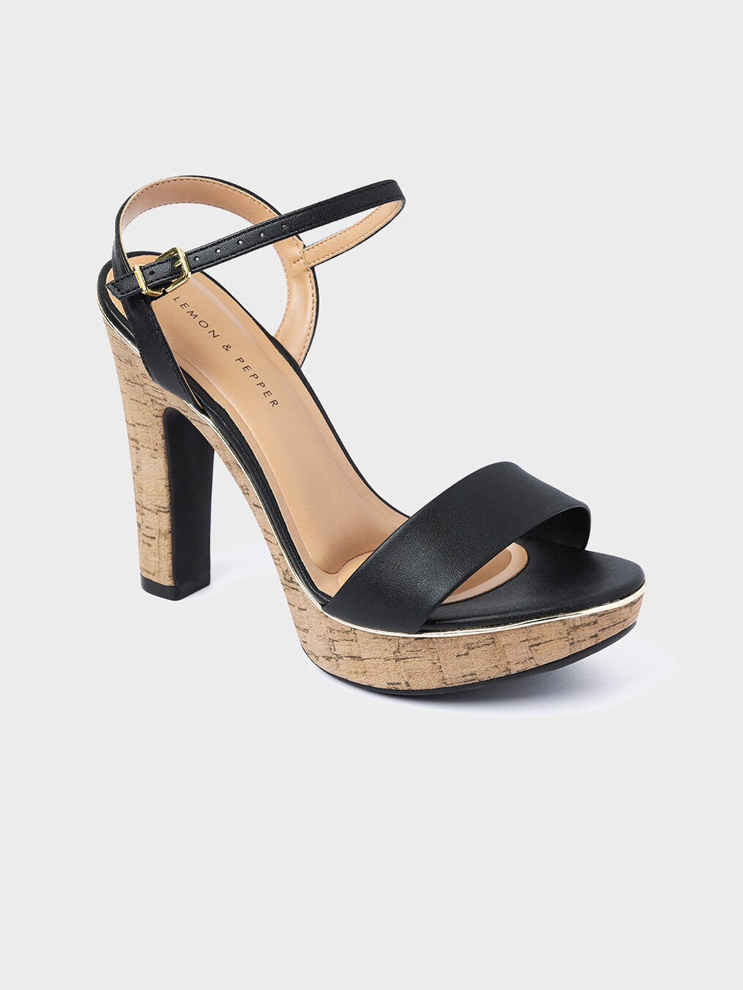 

LEMON & PEPPER Black & Beige PU Block Sandals with Buckles