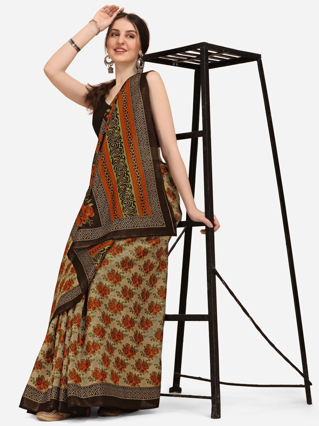 

KALINI Brown & Green Floral Saree