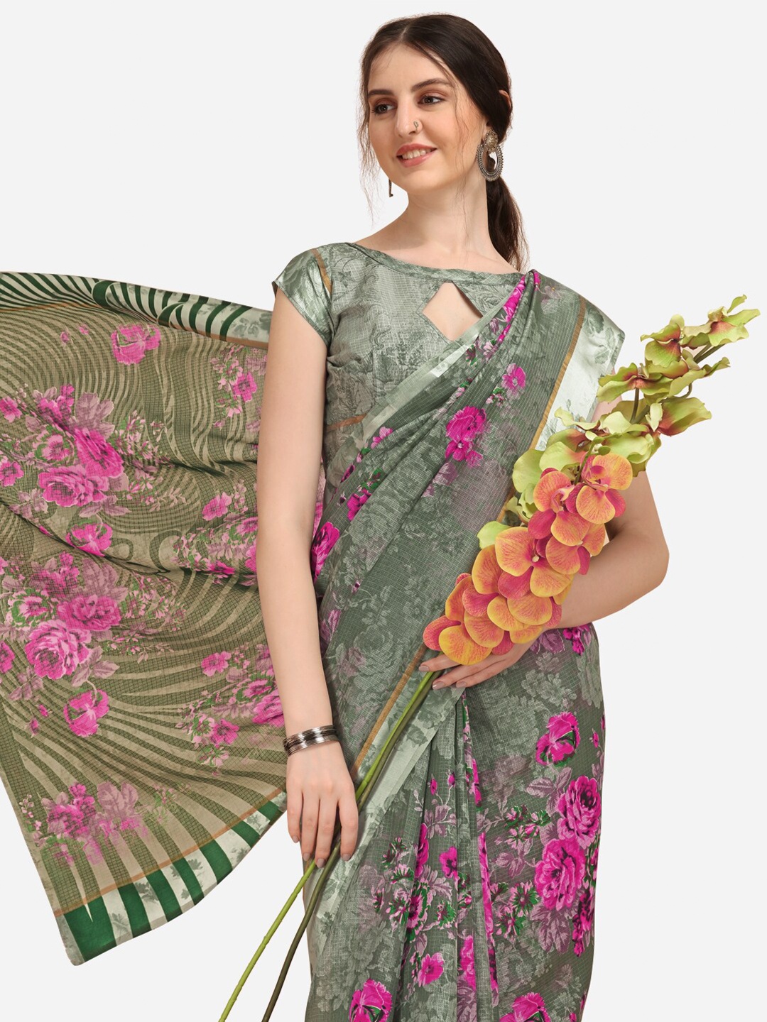 

KALINI Green & Pink Floral Kota Saree