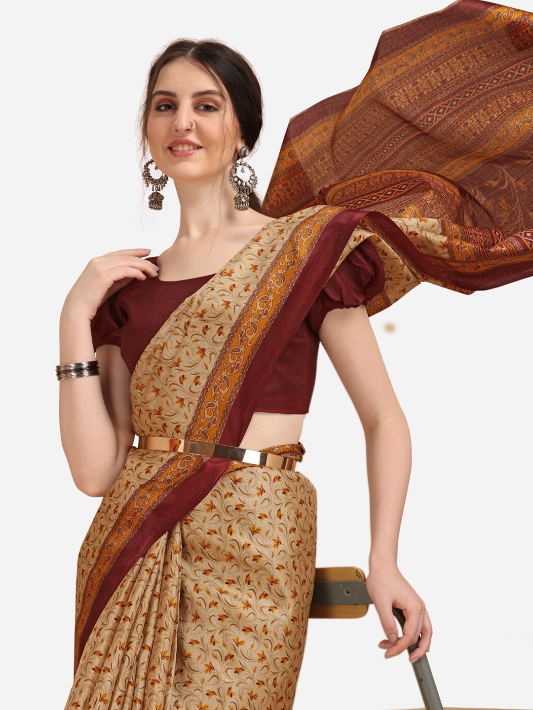 

KALINI Beige & Brown Cotton Silk Floral Printed Saree