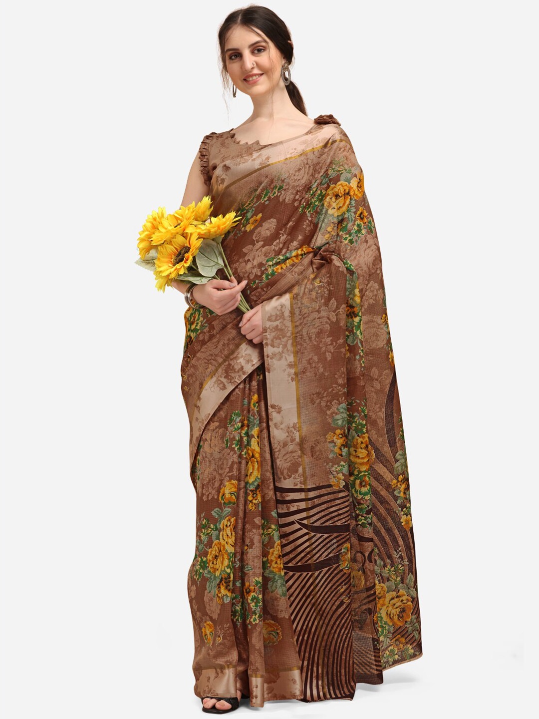 

KALINI Brown & Yellow Floral Printed Kota Saree