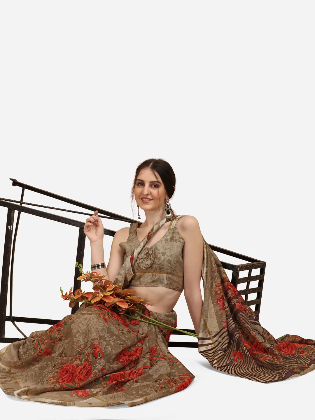 

KALINI Beige & Red Floral Kota Cotton Blend Saree
