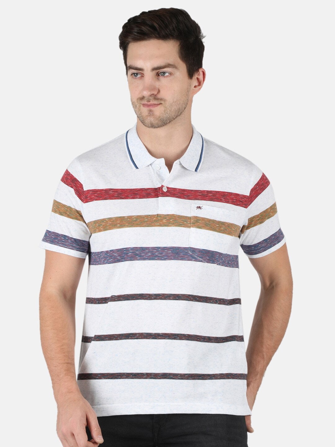 

Monte Carlo Men White & Red Striped Polo Collar T-shirt