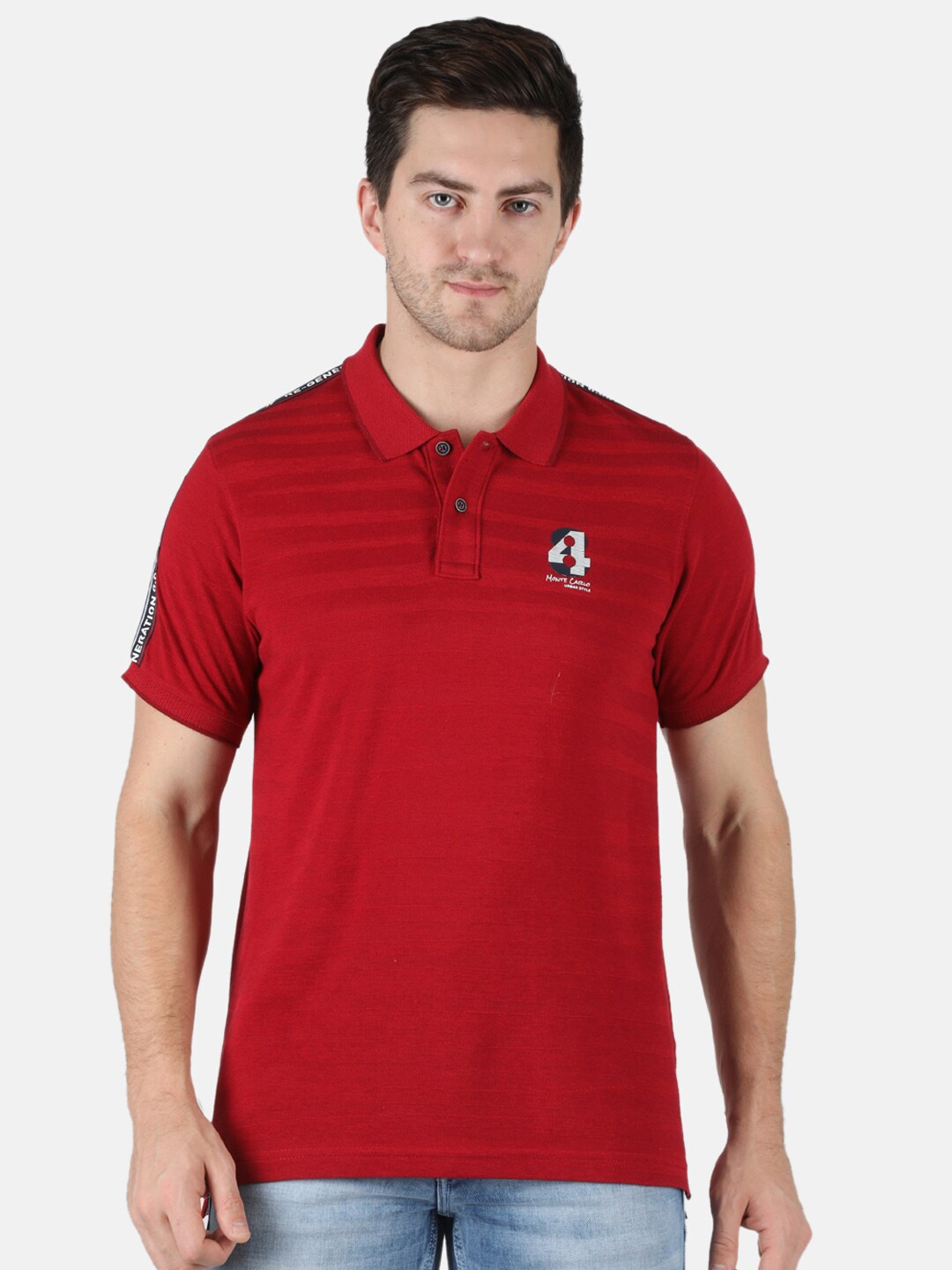 

Monte Carlo Men Red Polo Collar Slim Fit T-shirt