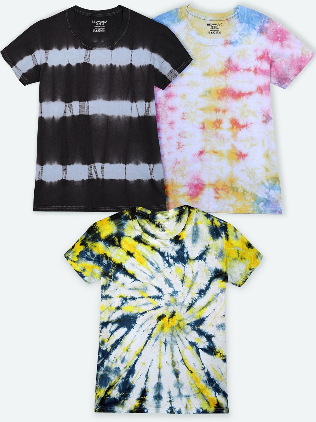 

BE AWARA Kids Pack of 3 Tie and Dye Dyed T-shirts, White