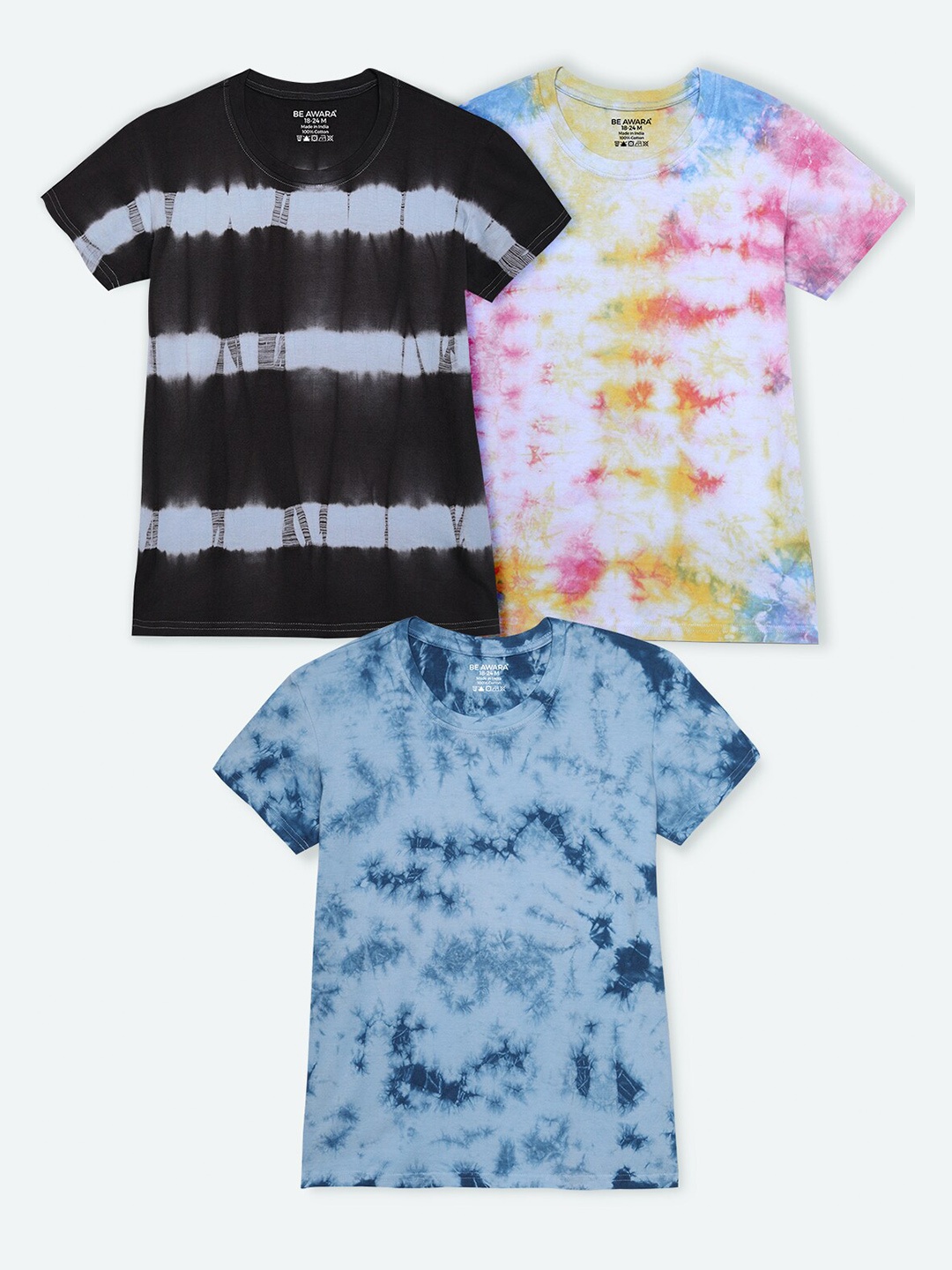 

BE AWARA Kids Blue & Pink Tie and Dyed T-shirt Pack Of 3