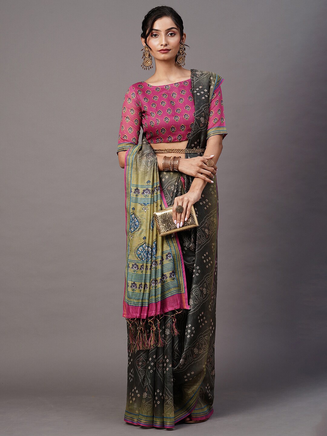 

Mitera Grey & Blue Bandhani Linen Blend Bandhani Printed Saree