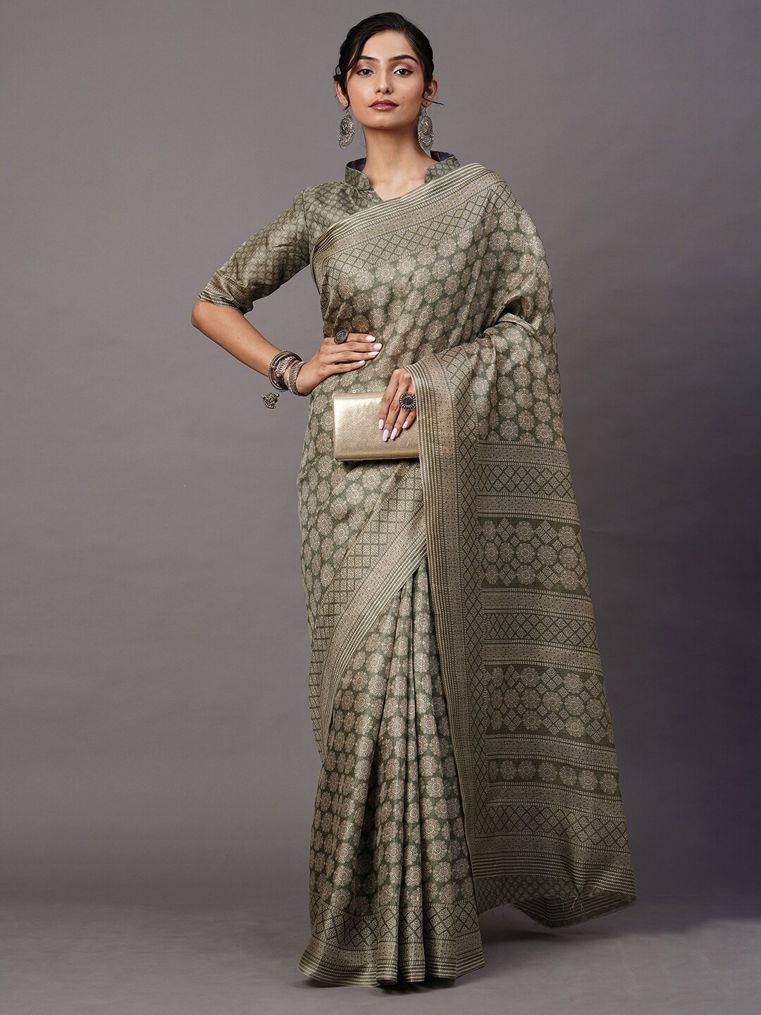 

Mitera Olive Green & Off-White Ethnic Motifs Silk Blend Bhagalpuri Saree