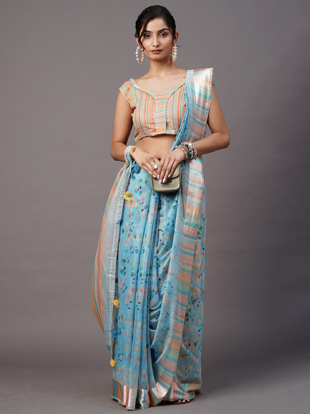 

Mitera Turquoise Blue & Peach-Coloured Floral Printed Cotton Blend Banarasi Saree
