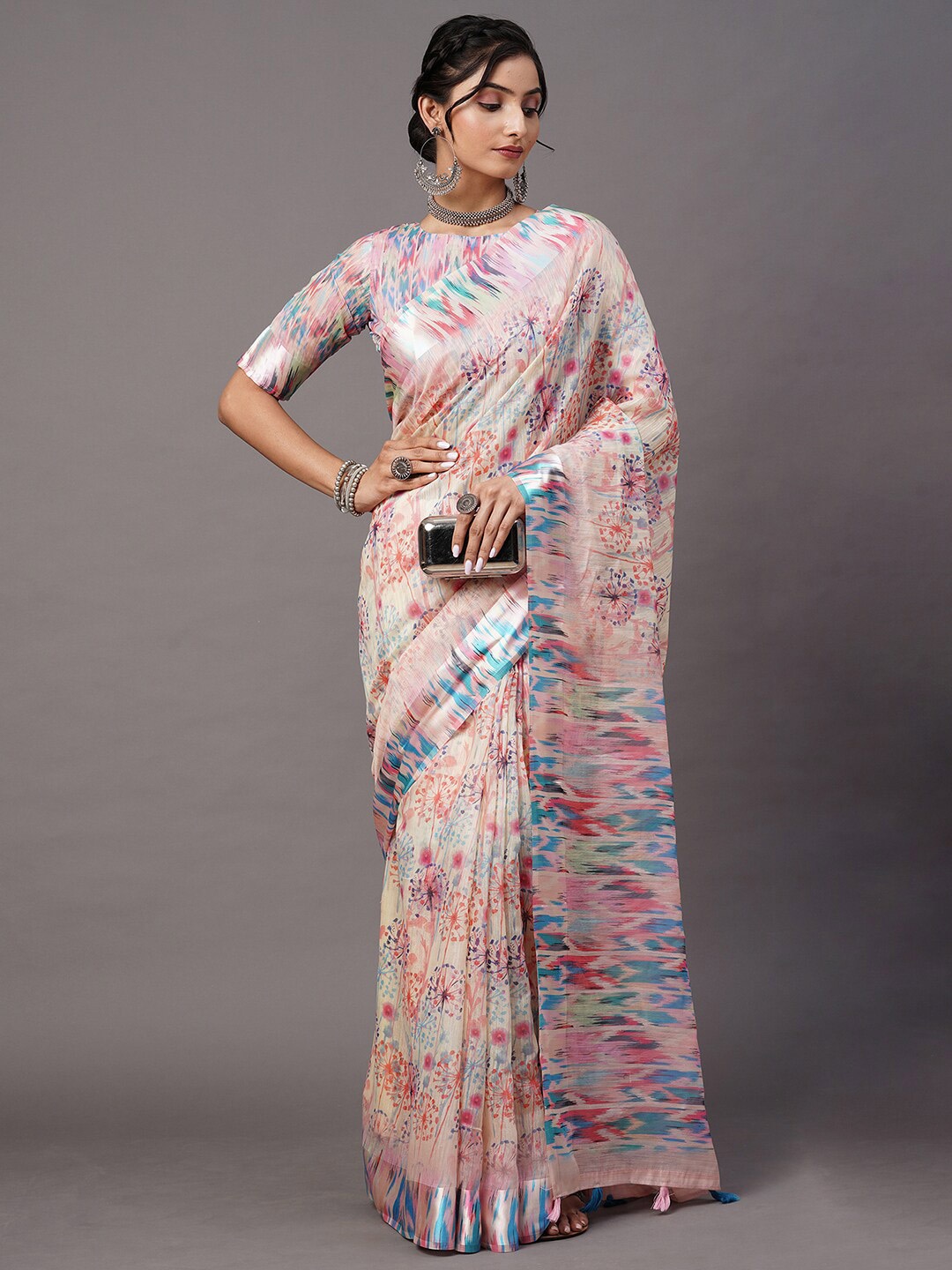 

Mitera Peach-Coloured & Blue Abstract Printed Banarasi Saree