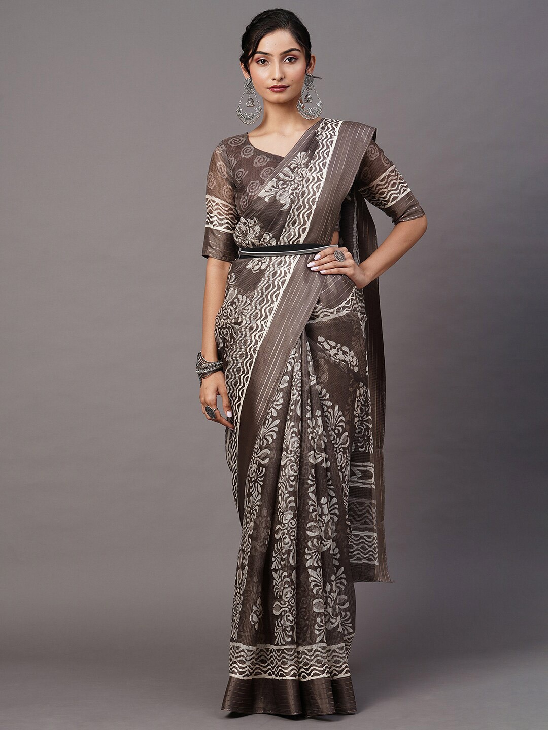 

Mitera Charcoal & White Ethnic Motifs Brasso Ikat Saree