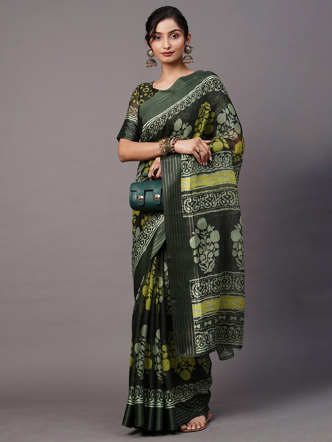 

Mitera Olive Green Ethnic Printed Bagh Brasso Block Print Saree