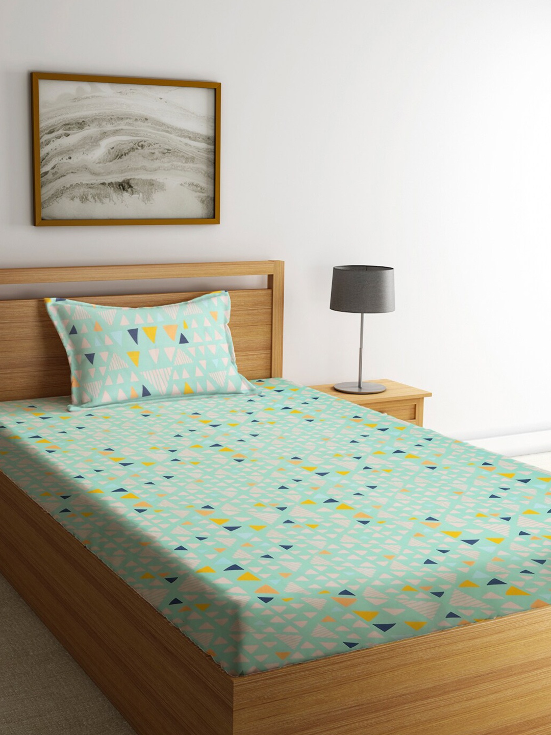 

KLOTTHE Green & Transparent 210 TC Single Geometric Cotton Bedsheet with 1 Pillow Covers