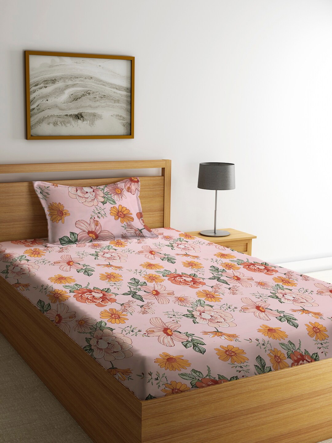 

KLOTTHE Pink & Green Floral 210 TC Single Bedsheet with 1 Pillow Covers