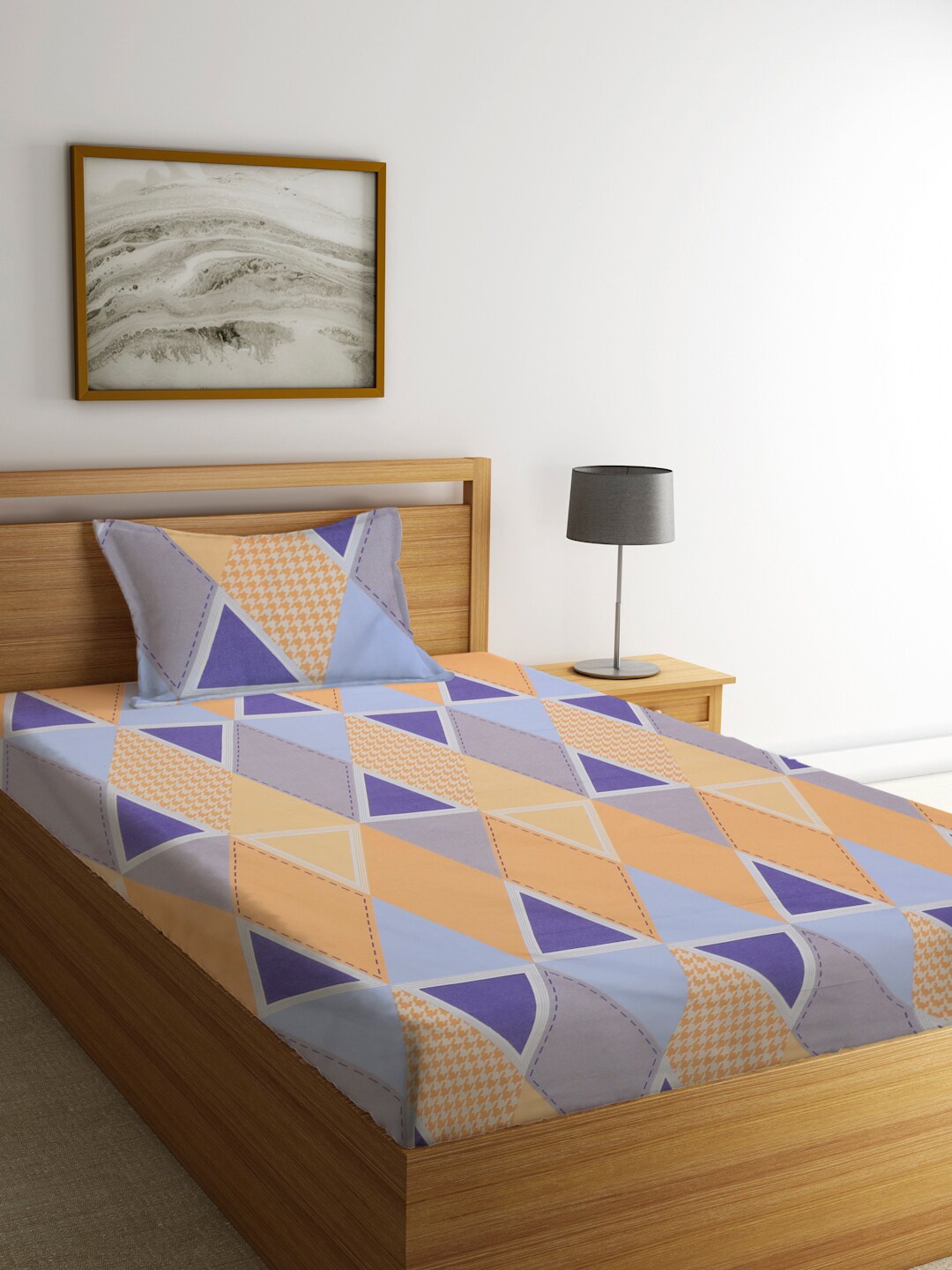 

KLOTTHE Blue & Orange Geometric 210 TC Single Bedsheet with 1 Pillow Cover
