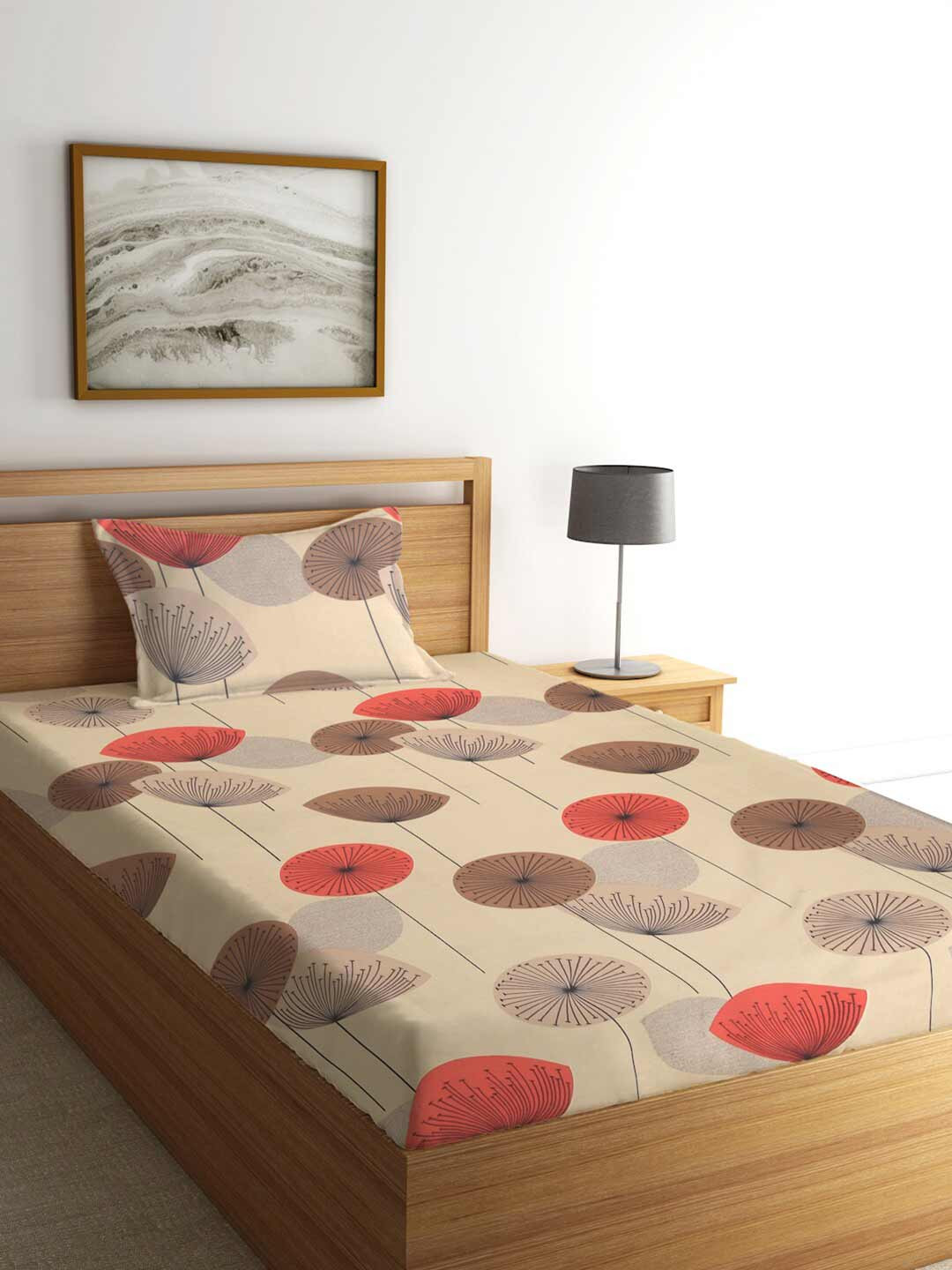 

KLOTTHE Beige & Red Floral 210 TC Single Bedsheet with 1 Pillow Cover