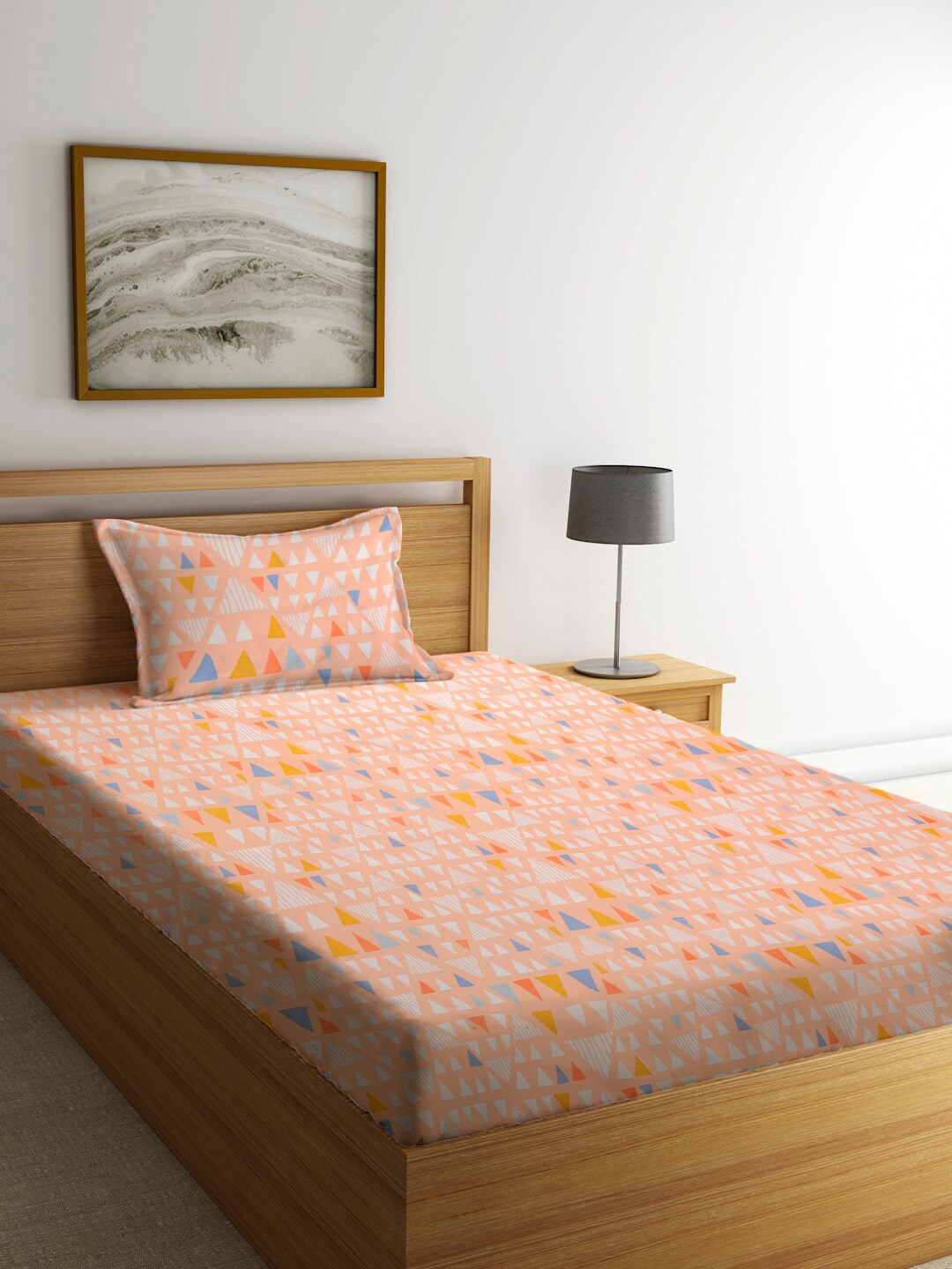 

KLOTTHE Peach & White Geometric 210 TC Single Bedsheet with 1 Pillow Cover