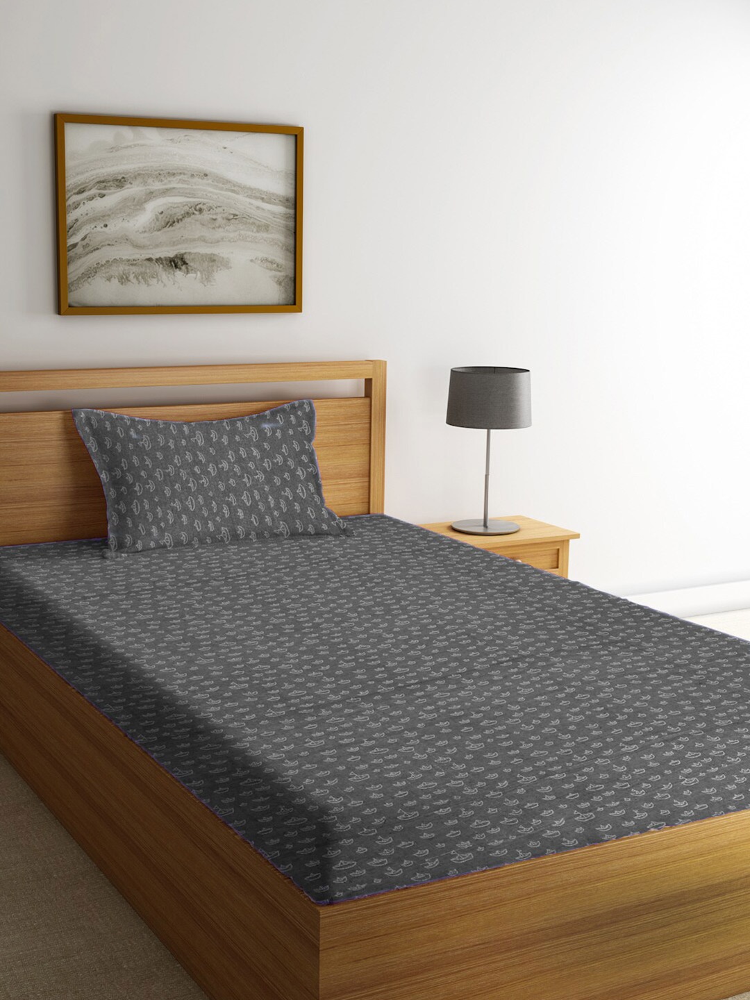 

KLOTTHE Grey Graphic 300 TC Single Bedsheet with 1 Pillow Covers