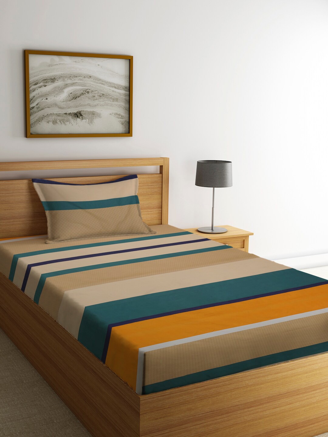 

KLOTTHE Brown & Teal Striped 210 TC Single Bedsheet with 1 Pillow Cover