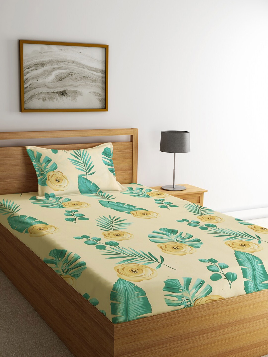 

KLOTTHE Beige & Green Floral 210 TC Single Bedsheet with 1 Pillow Covers