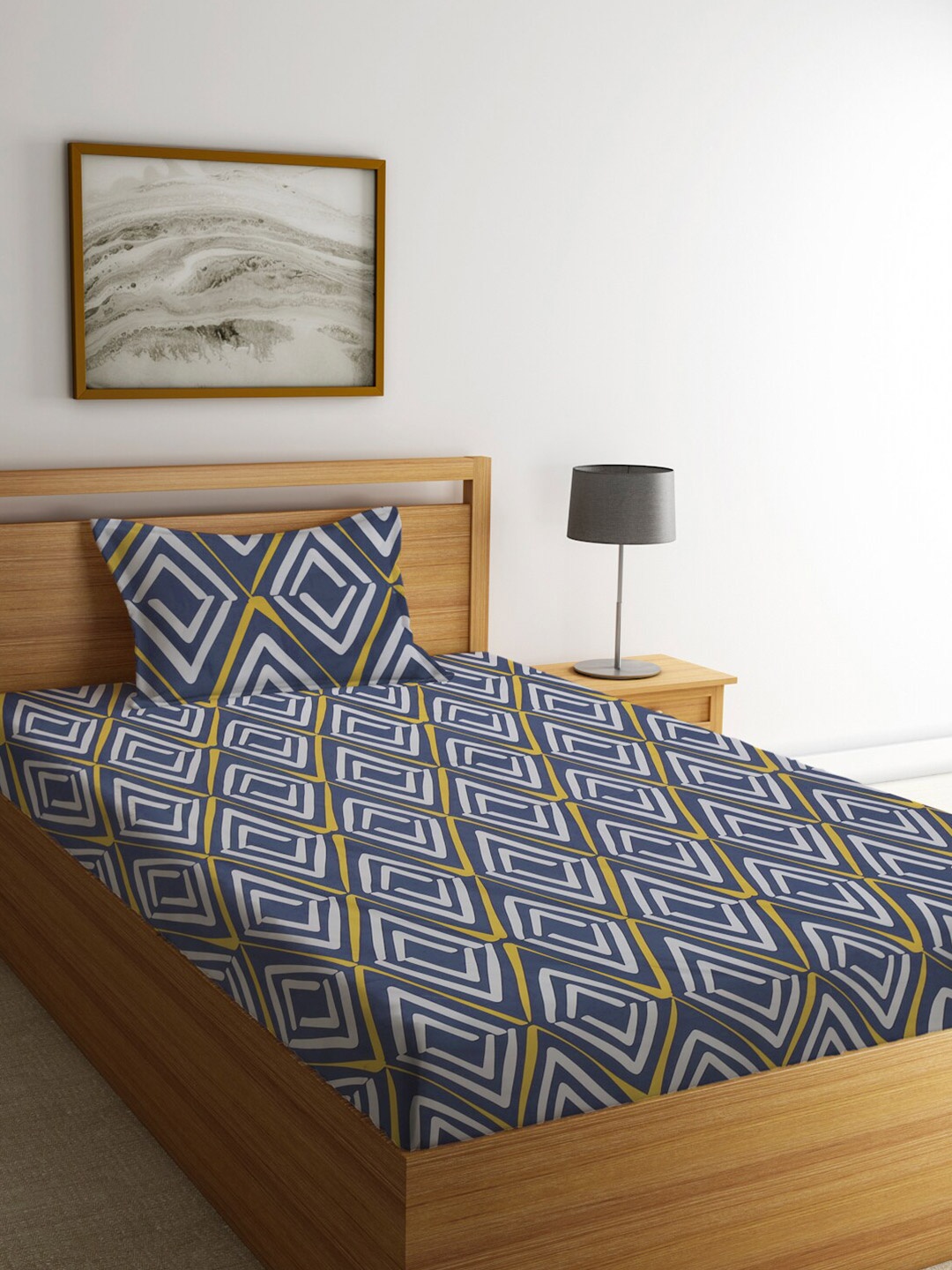 

KLOTTHE Blue & White Geometric 210 TC Single Bedsheet with 1 Pillow Cover