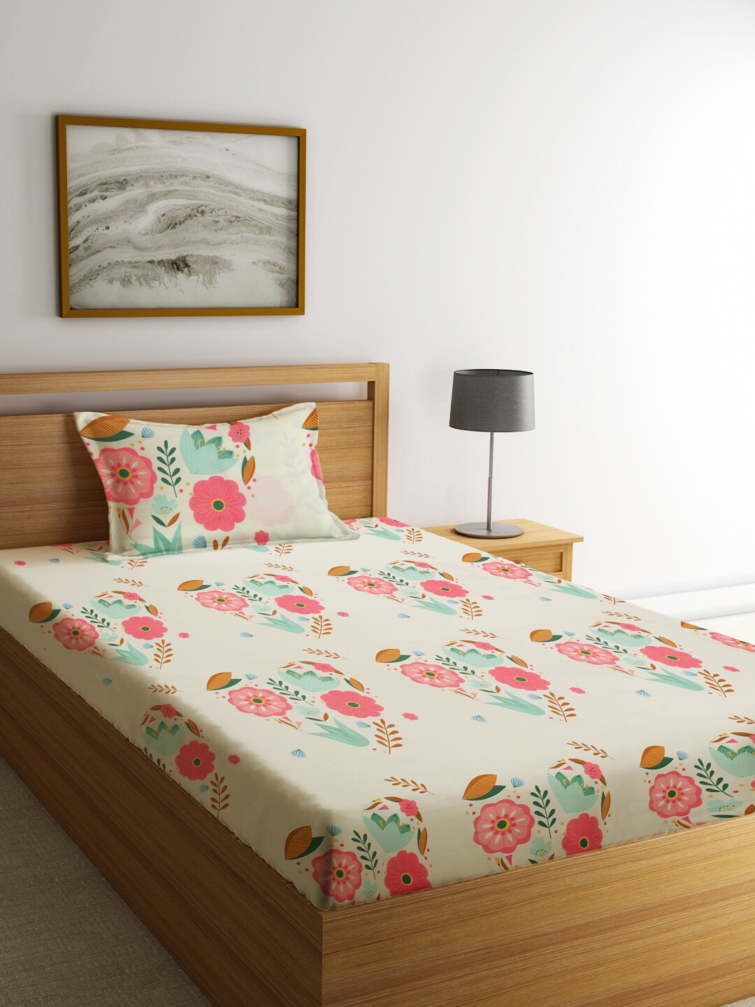

KLOTTHE White & Pink Floral 210 TC Single Bedsheet with 1 Pillow Covers
