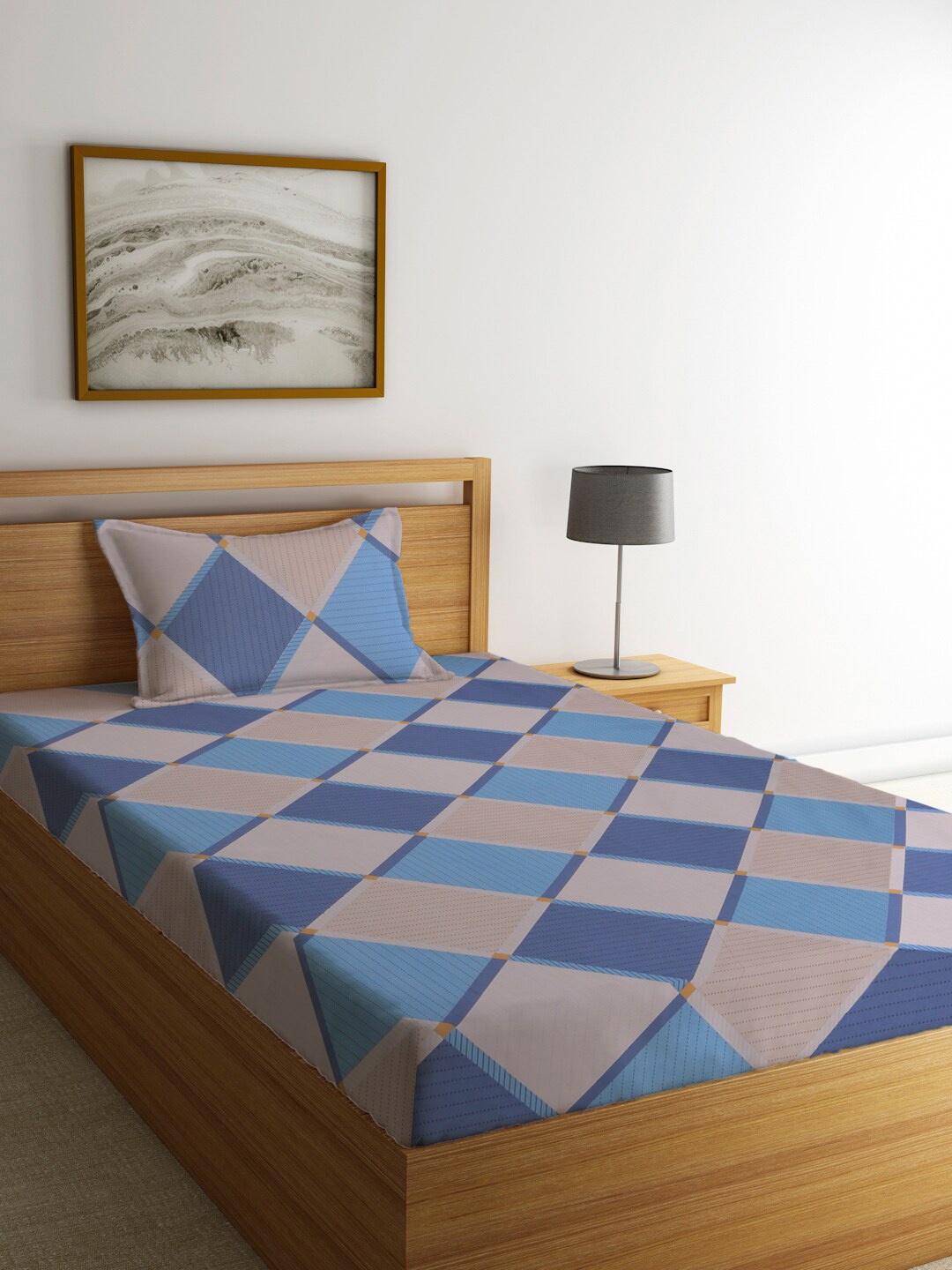 

KLOTTHE Blue & Grey Geometric 210 TC Single Bedsheet with 1 Pillow Cover