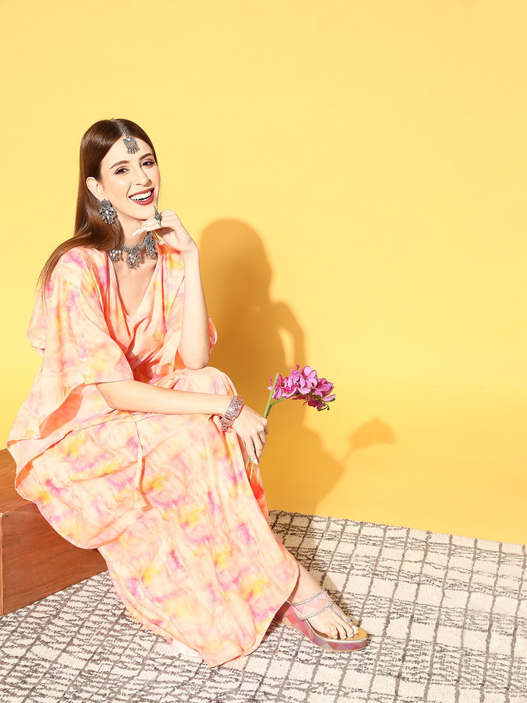 

Rang Gali Yellow & Pink Tie and Dye Kaftan Maxi Dress