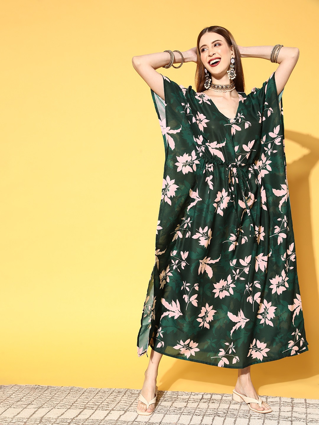 

Rang Gali Green & Pink Floral Kaftan Maxi Dress