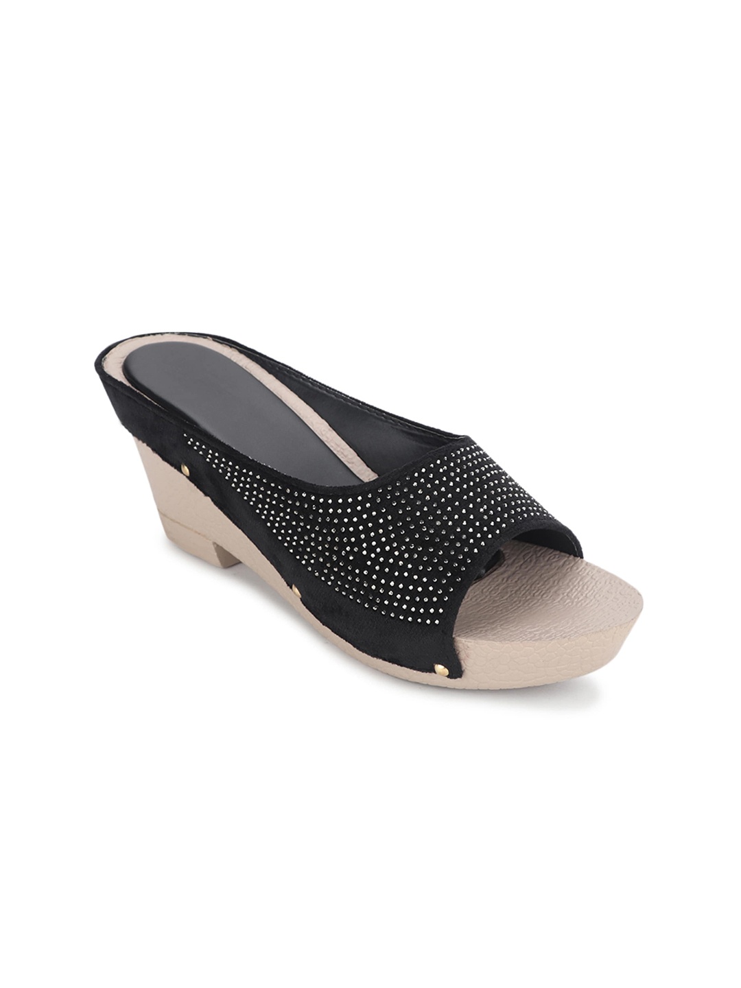 

Myra Black Embellished Suede Wedge Heels