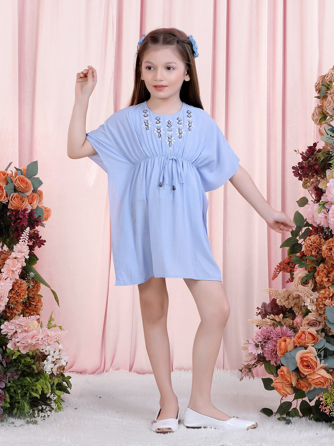 

POPLINS Girls Blue Floral Cotton Kaftan Dress