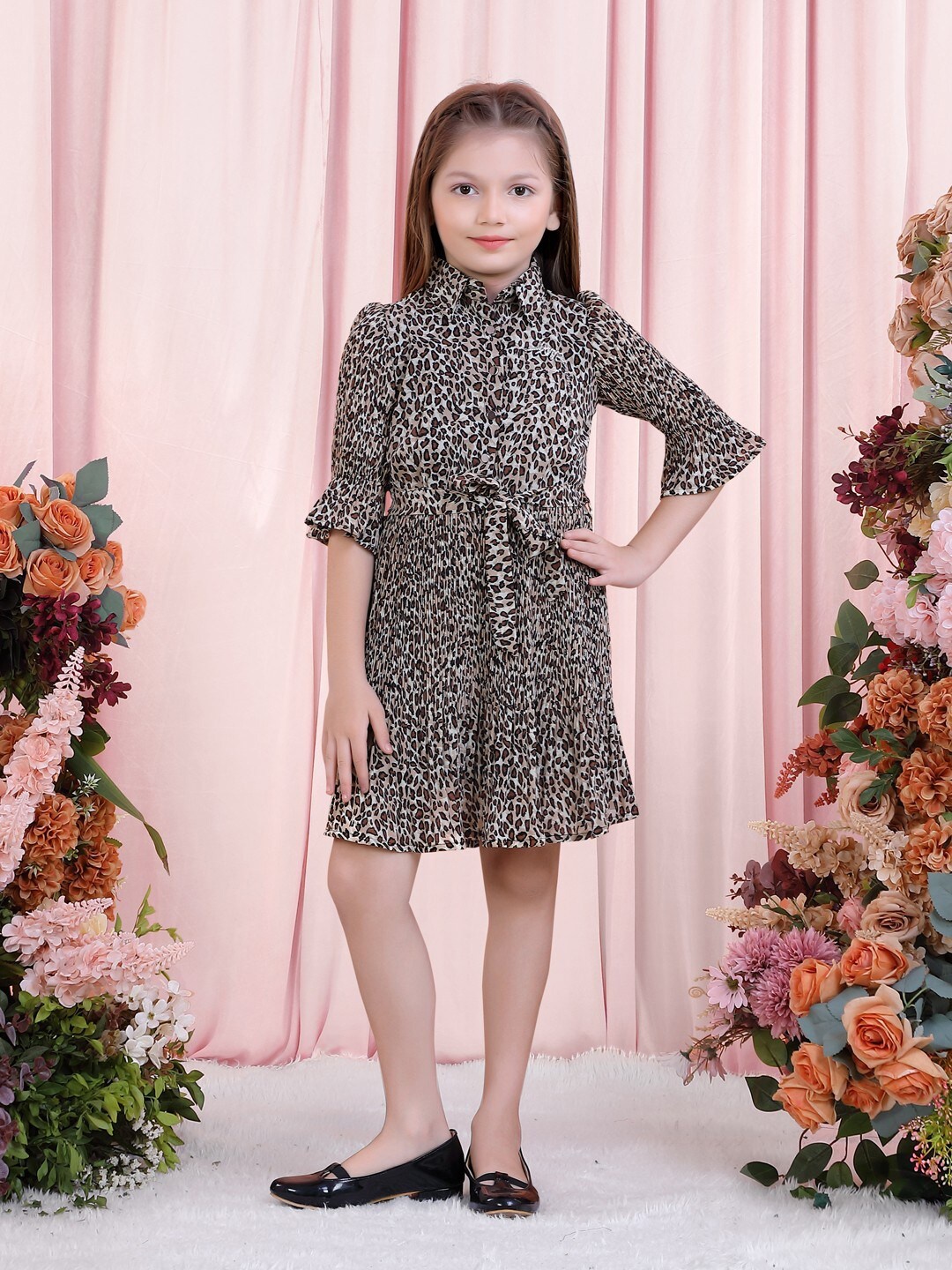 

POPLINS Girls Brown & White Animal Print Belted Cotton Shirt Dress
