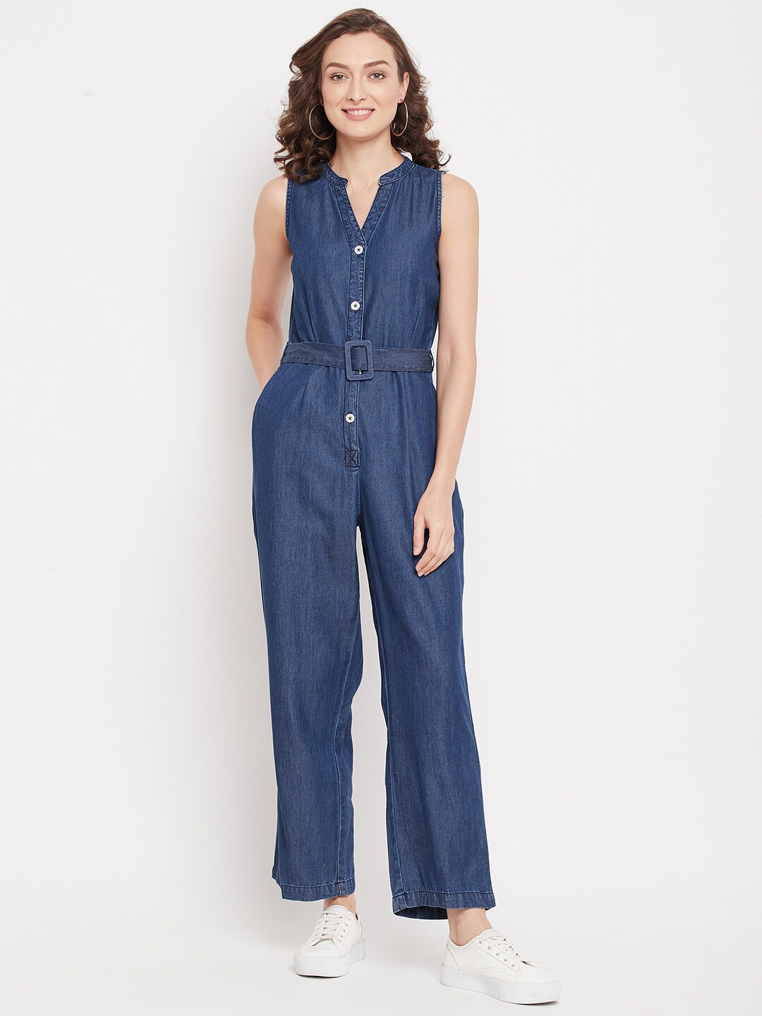 

Madame Women Blue Solid Cotton Basic Jumpsuit