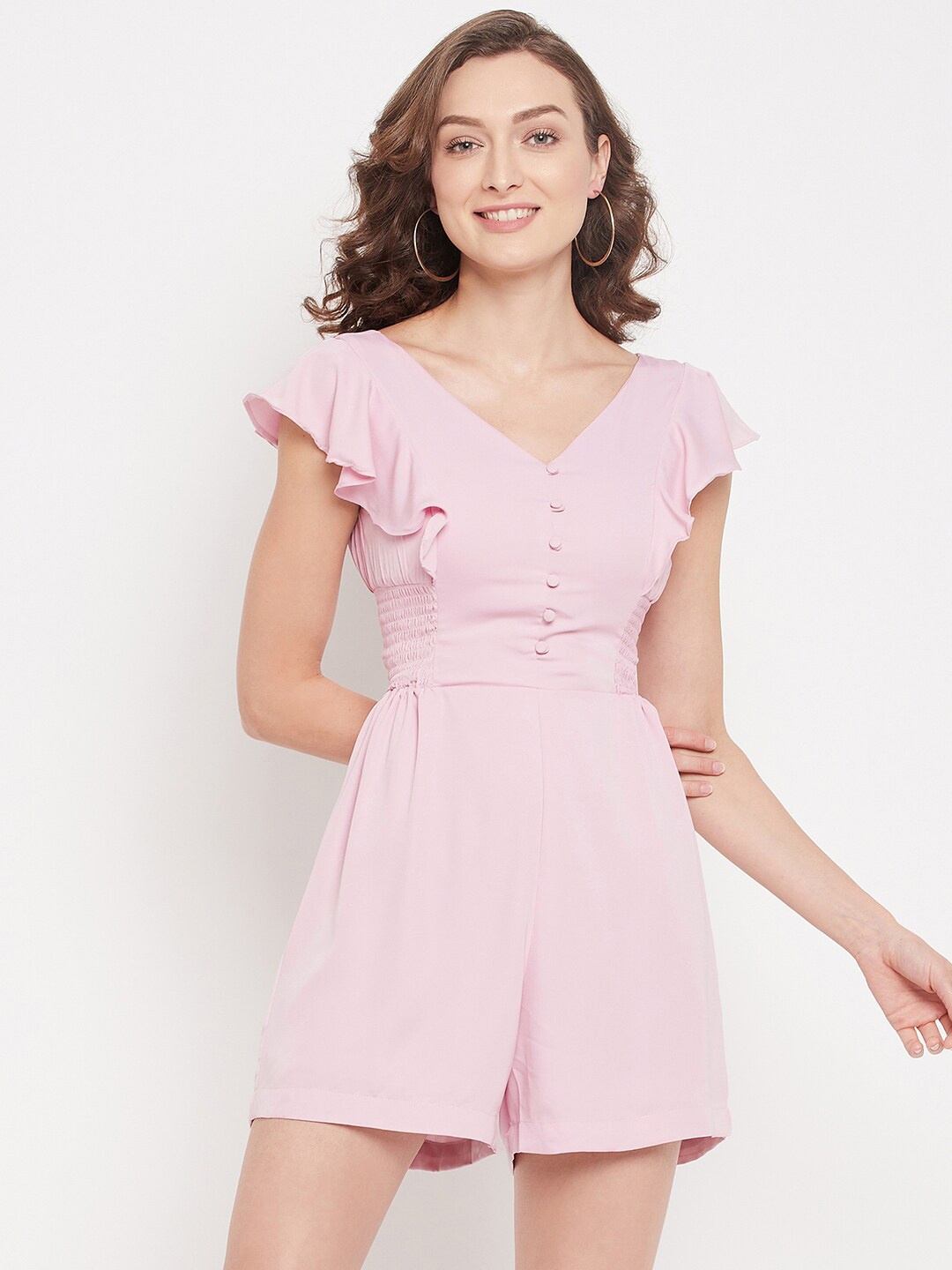 

Madame Women Pink Ruffled Cotton Playsuit