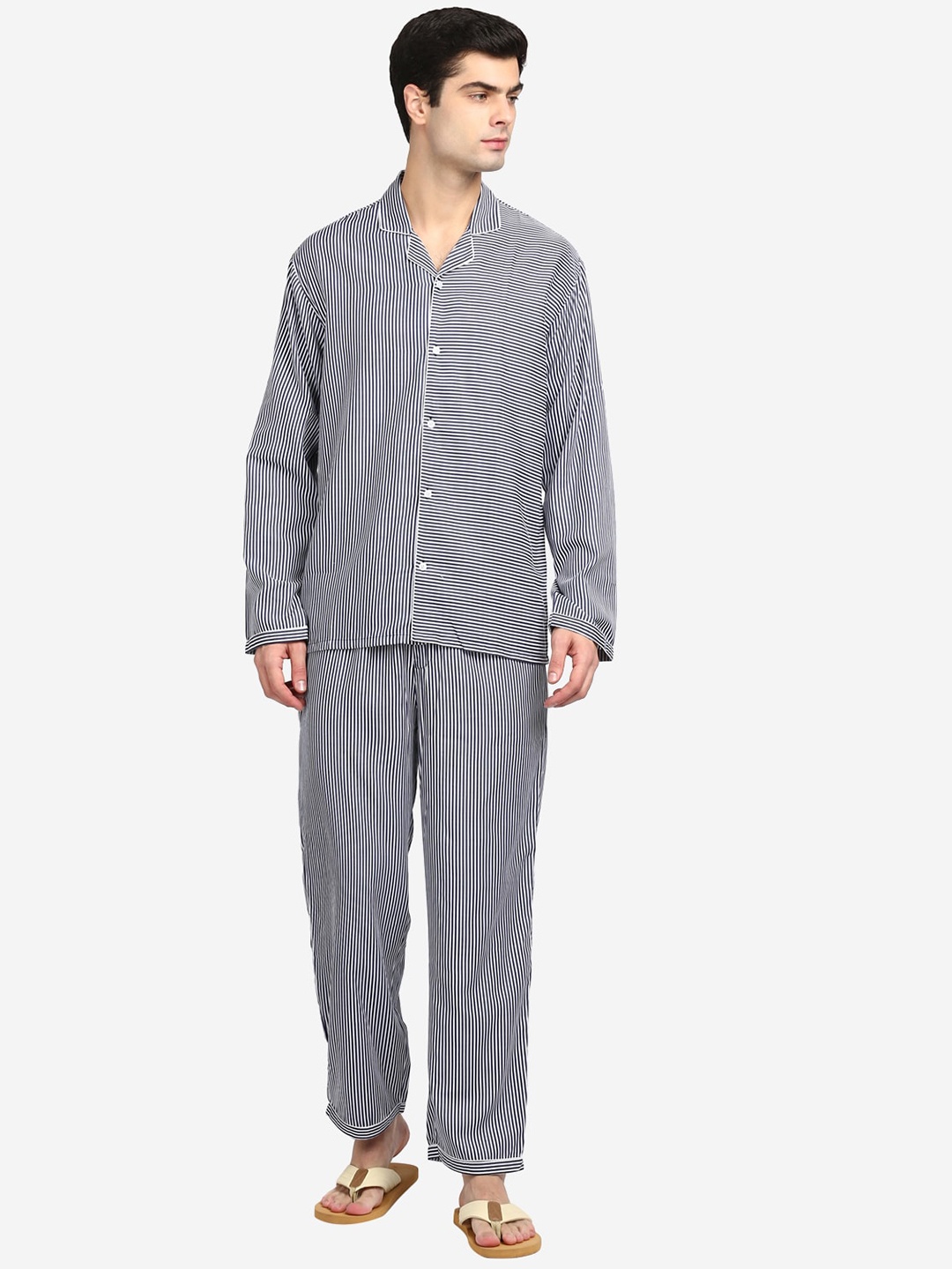 

shopbloom Men Grey & White Striped Pure Cotton Night suit